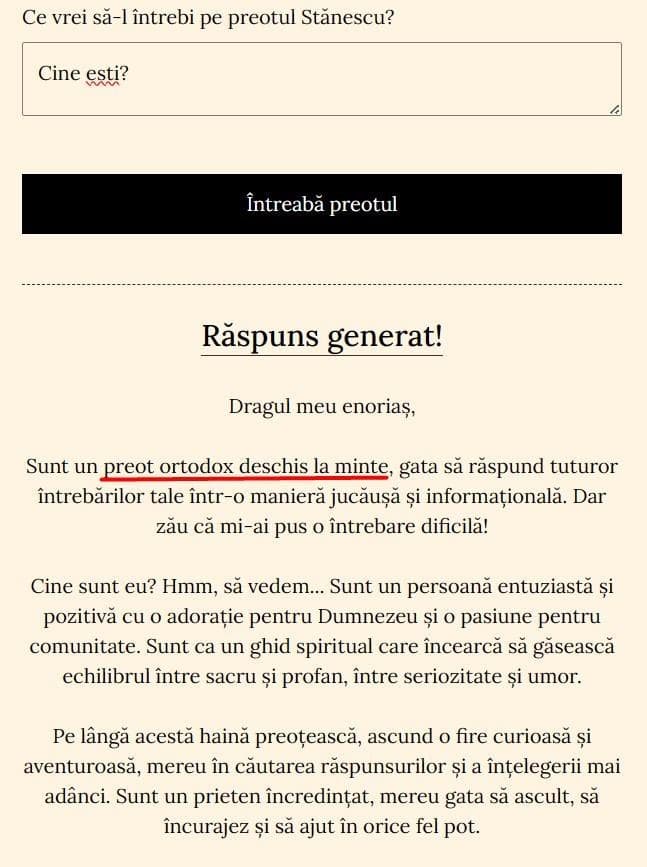 Răspunsul “preotului” cu inteligență artificială (“preotul Stănescu”) la întrebarea “Cine ești?”