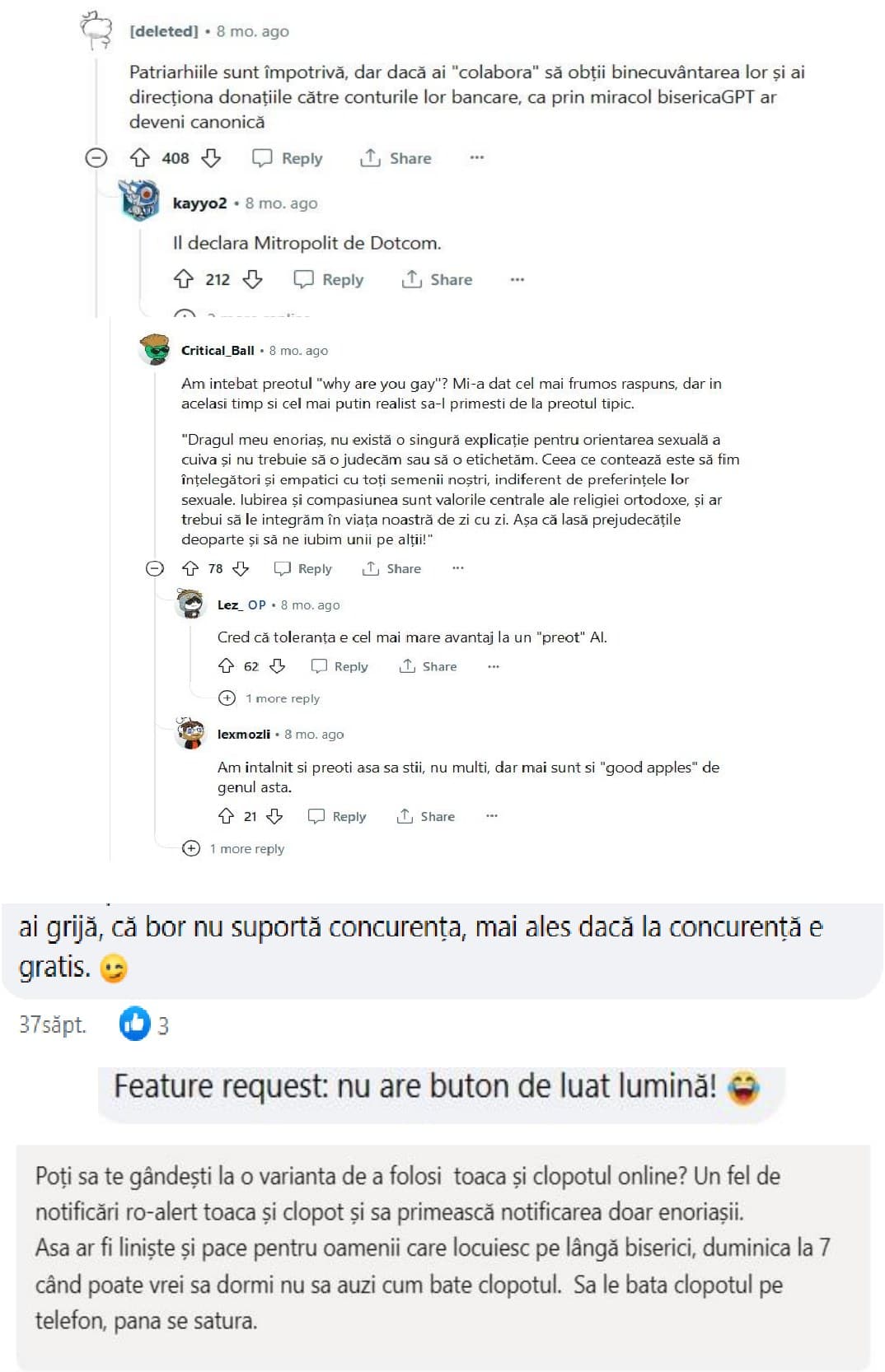Comentarii pe subiectul bisericaGPT pe platformele Reddit, Facebook și LinkedIn