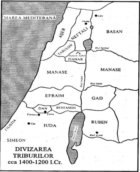 Figura 8 - Divizarea triburilor cca. 1400-1200 î.Hr., Samuel J. Schultz, Călătorie prin Vechiul Testament, Editura Cartea Creștină, Oradea, 2008, p. 134