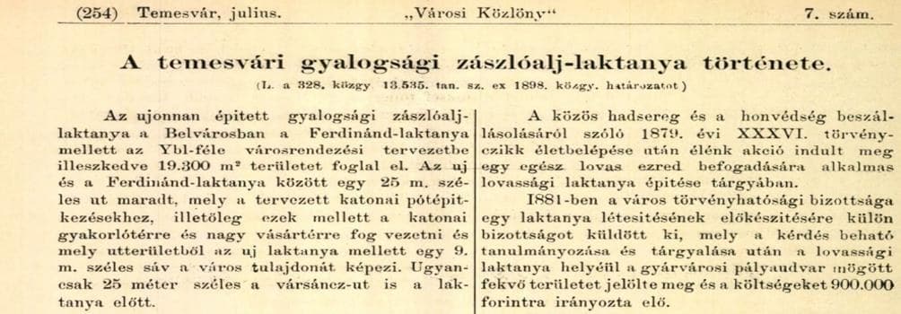 Frântură de gazetă din scrierea vremii: „Temesvári Városi Közlöny” (Gazeta orașului), numărul din 7 iulie 1898, consemnând, în limba maghiară, condițiile exacte ale ridicării noii cazărmi. Sursă: arhiva digitală Arcanum, adt.arcanum.com/hu/view/TemesvarVarosiKozlony_1898