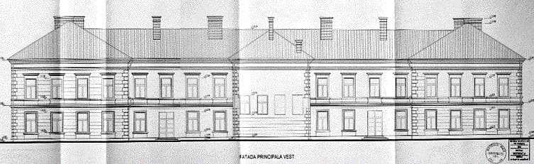Fațada de vest a clădirii, într-o imagine de arhivă. Sursă: Fișă de evaluare a Facultății de Litere, Istorie, Filosofie și Teologie (UVT), Anexa 1, Primăria Municipiului Timișoara