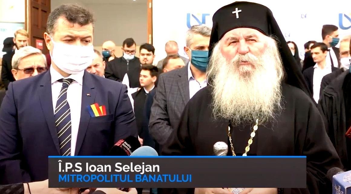 Momentul festivității de inaugurare a noului sediu, 5 octombrie 2020 - cadru din înregistrarea video a evenimentului, cu Î.P.S. Ioan Selejan, Mitropolitul Banatului. Sursă: UVT Media Hub, youtube.com/watch?v=txf1BWmt8Lk